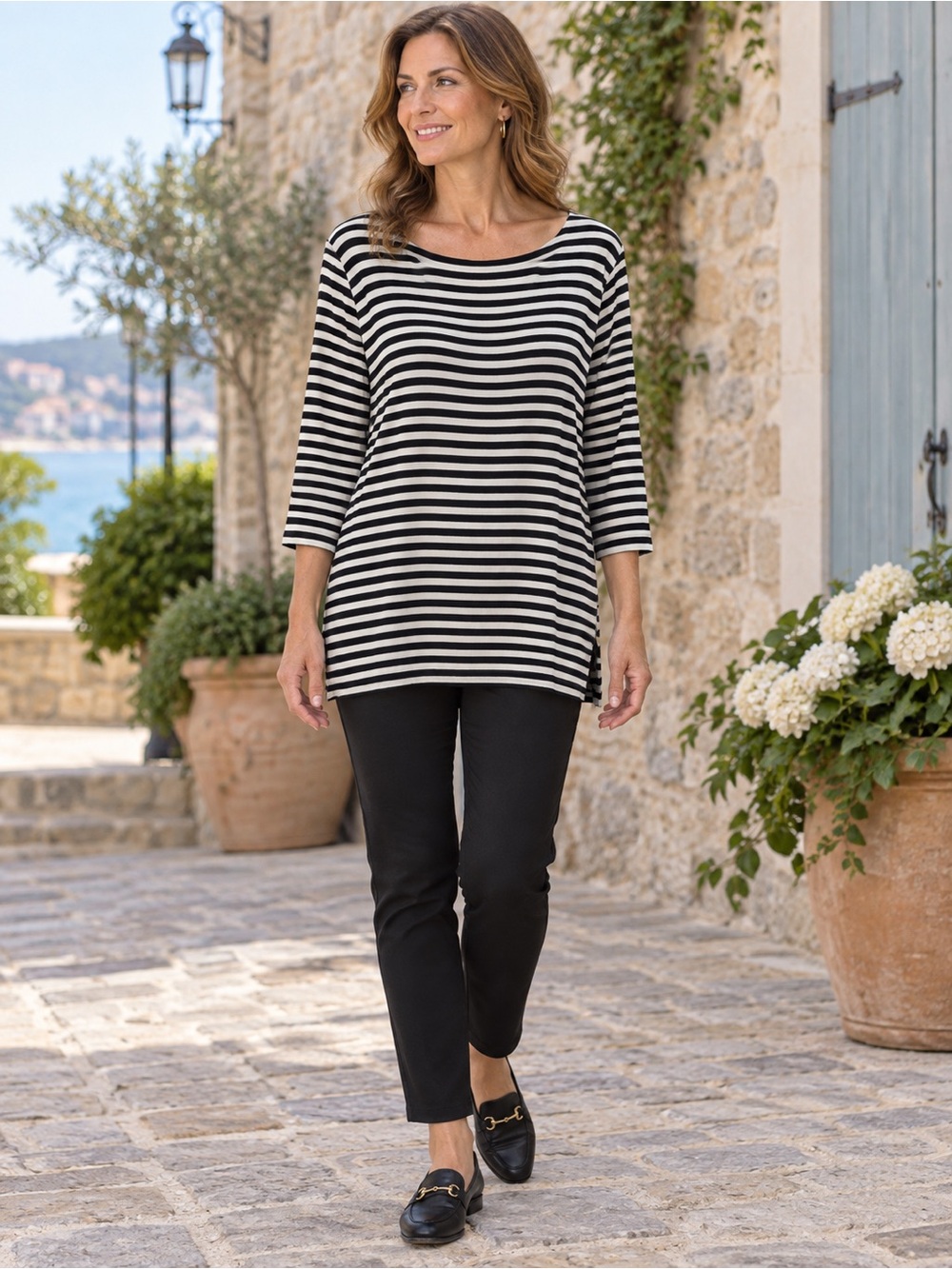 Chico's Travelers Black & White Striped Tunic Blouse Top Size Large (12-14)